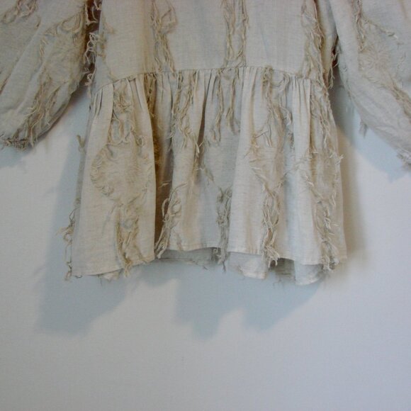 Zara Linen Blend Peplum Top Boho Hippie Fringe Puff Sleeve Natural Beige Small - Picture 7 of 16